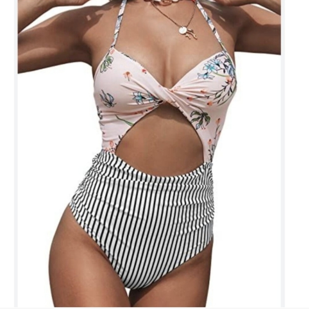 Cupshe Twist Front Floral One-Piece Swimsuit With Black & White Stripe Bottom
